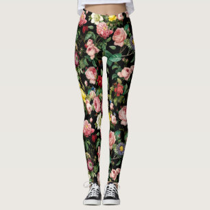 Vintage rosa och röd ros-trädgården mönster leggings