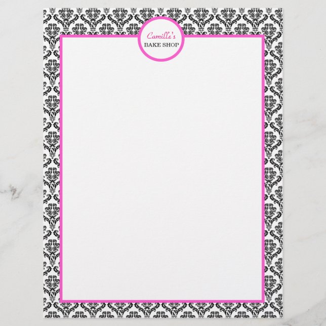 Vintage Rosa och svart Damask Letterhead (Framsida)