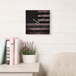 Vintage Rosa och svart Grunge American Flagga Fyrkantig Klocka