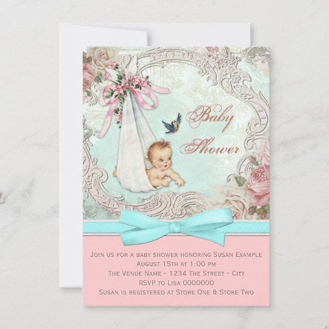 Vintage Rosa och Tealblå Babyfirande Inbjudningar (Framsida)