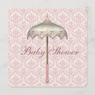Vintage Rosa Parasoll Paraply Babyflicka Shower Inbjudningar