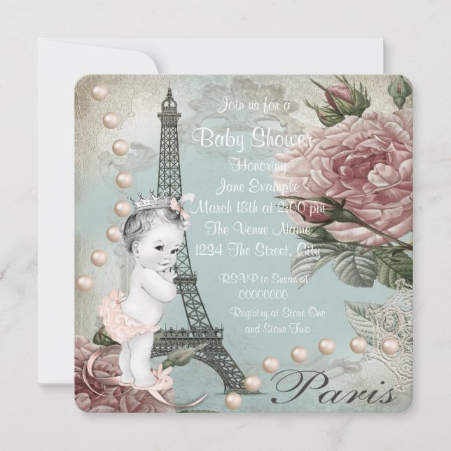 Vintage Rosa Paris Baby Shower Inbjudningar (Framsida)