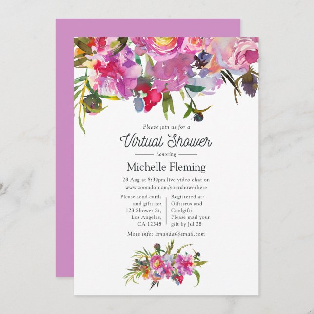 Vintage Rosa Peonies Blommigt Virtuell babyskiss Inbjudningar (Fram/baksida)