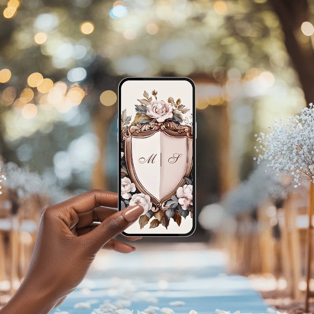 Vintage Rosa Peonies Rococo Bröllop Vapensköld (sample mockup for our wedding initials rococo crest iphone case)