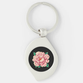 Vintage Rosa Pionblomma Swirl Silverfärgad Nyckelring