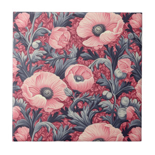 Vintage Rosa Poppies Blommigt Kakelplatta