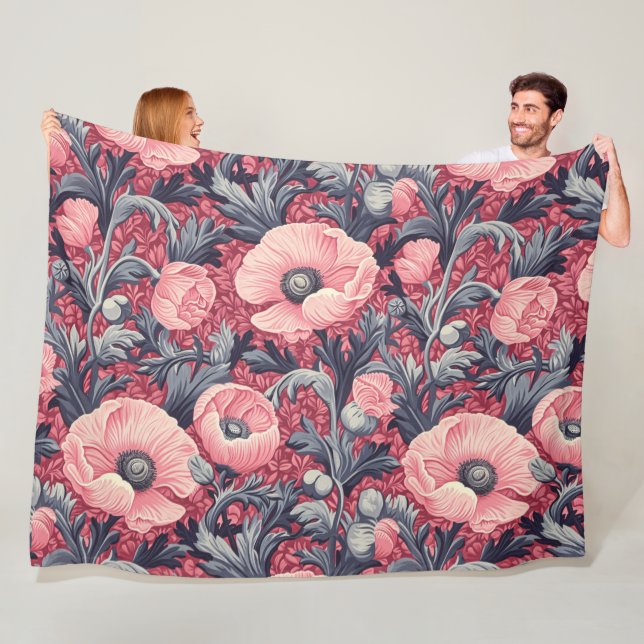 Vintage Rosa Poppyblommor  Fleecefilt (På plats)