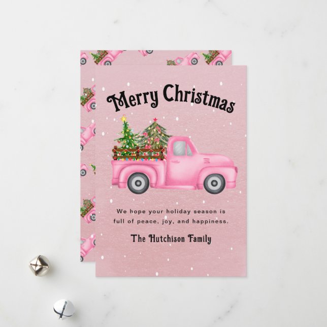 Vintage rosa Red lastbil Julgran Merry Julkort (Fram/Back In Situ)