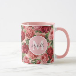 Vintage Rosa Röd ros Blommigt  Monogrammated Mugg