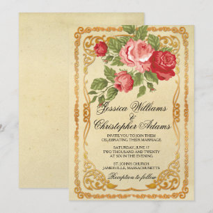 Vintage Rosa & Röd ros bröllopsinbjudan Inbjudningar
