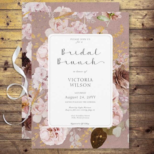Vintage Rosa Rodnad Blommig Bröllopsbrunch Inbjudningar (Vintage Pink Blush Floral Bridal Brunch Invitation)
