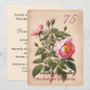 Vintage Rosa ros 75:e Födelsedagsfirande 2 Inbjudningar