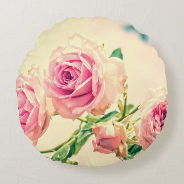 Vintage Rosa ros blomma Rund Kudde (Framsidan)