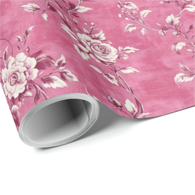 Vintage Rosa Ros Blommig Chinoiserie Decoupage Presentpapper (Rullad Hörn)
