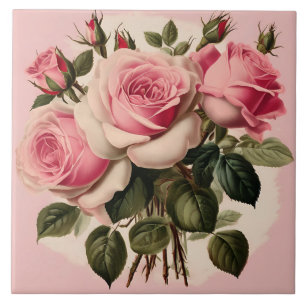 Vintage Rosa ros Blommigt Bouquet Kakelplatta