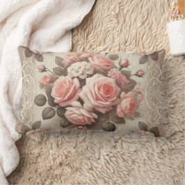 Vintage Rosa ros Blommigt med Snöre Gräns Lumbarkudde