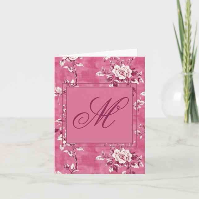Vintage Rosa ros Blommigt Monogram Tack Kort (Framsida)