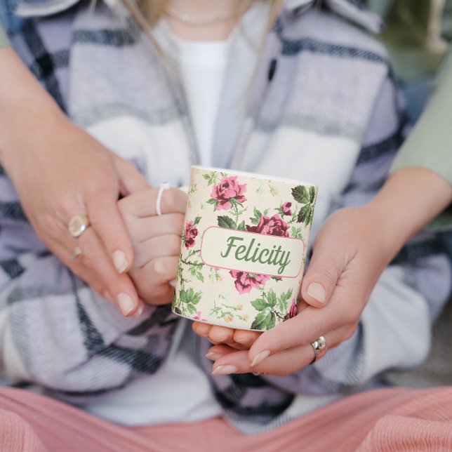 Vintage rosa ros blommigt namn chic kaffemugg (Skapare uppladdad)