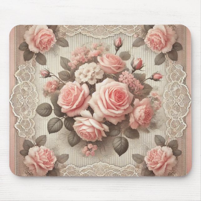 Vintage Rosa ros Blommigten Shabby chic Musmatta (Framsidan)