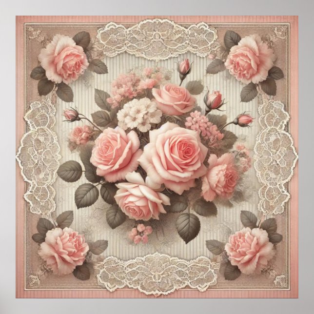 Vintage Rosa ros Blommigten Shabby chic Poster (Framsidan)