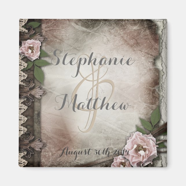 Vintage Rosa ros Bröllop Magnet (Framsidan)