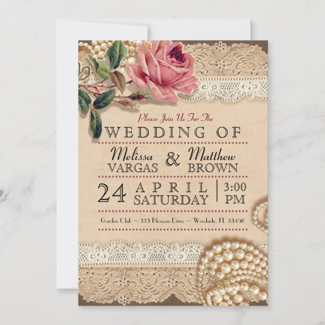 Vintage Rosa ros bröllopsinbjudningar Inbjudningar (Framsida)