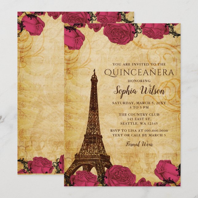 Vintage Rosa ros Eiffel Torn Quinceañera Inbjudningar (Fram/baksida)
