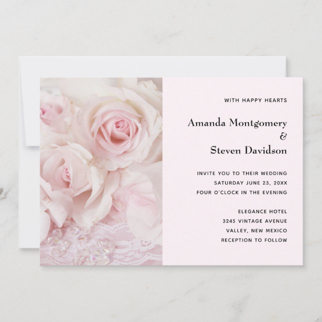 VINTAGE ROSA ROS & ELEGANT SNÖRE - BRÖLLOP INBJUDNINGAR (Framsida)