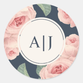 Vintage Rosa Ros Flerfärgad Mörkblå Monogram Runt Klistermärke