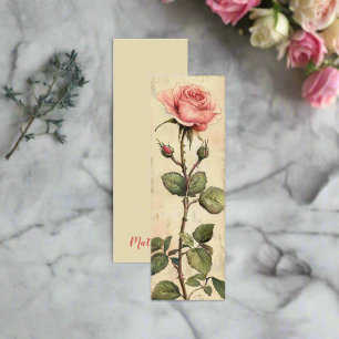 Vintage Rosa ros-författarbokmärkekort Mini Visitkort