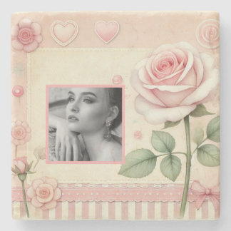Vintage rosa ros-hjärtan blommigt fotovattenfärg stenunderlägg