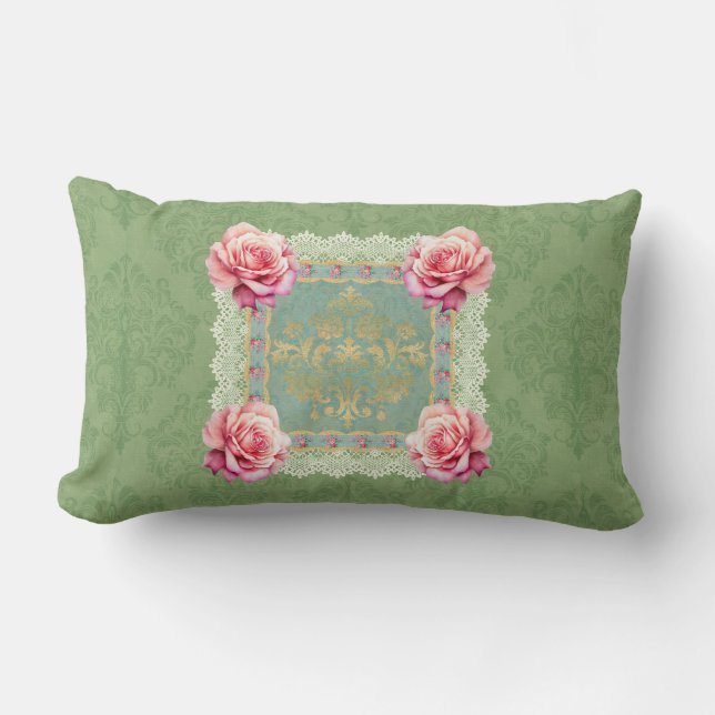 Vintage-Rosa ros-inmatad skugga Lumbarkudde (Framsida)