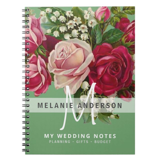 Vintage Rosa ros Monogram Bröllop-planeringsinrätt Anteckningsbok (Framsidan)