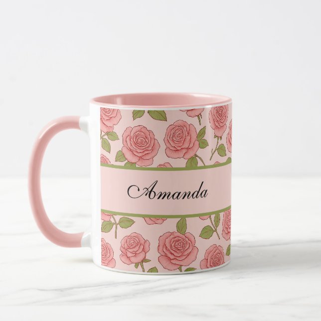 Vintage Rosa ros Mönster med Namn Mugg (Vänster)