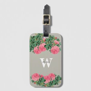 Vintage Rosa ros på grått monogram Bagagebricka