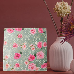 Vintage Rosa ros på Guld Teal Damask-mönster Kakelplatta
