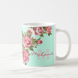 Vintage rosa ros Peonies, blek turkos, Kaffemugg