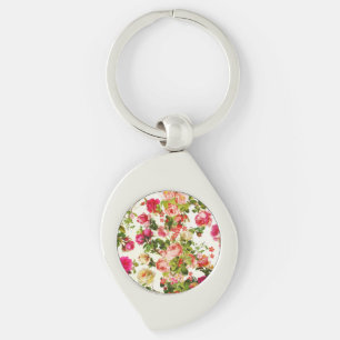 Vintage Rosa ros Peonies Flowers Swirl Silverfärgad Nyckelring