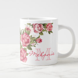 Vintage  rosa ros Peonies namn, monogram Jumbo Mugg