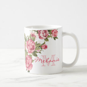 Vintage rosa ros Peonies namn, monogram Kaffemugg
