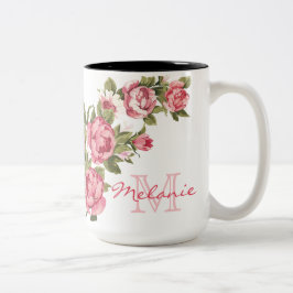 Vintage  rosa ros Peonies namn, monogram Två-Tonad Mugg