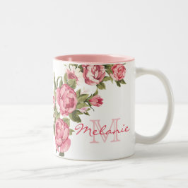 Vintage  rosa ros Peonies namn, monogram Två-Tonad Mugg