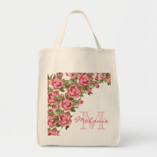 Vintage rosa ros Peonies namn, monogram Tygkasse