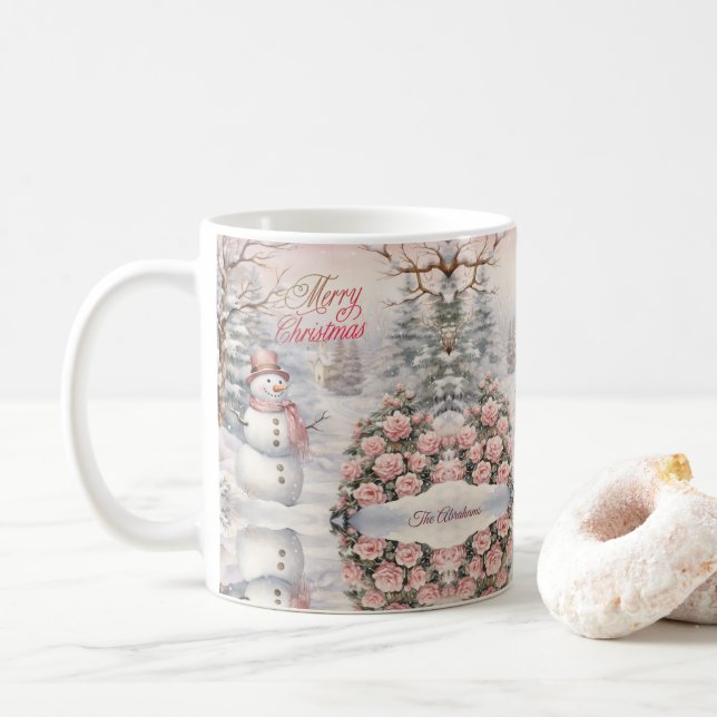 Vintage Rosa ros, Snögubbe julbyn Kaffemugg (Med munk)