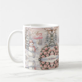 Vintage Rosa ros, Snögubbe julbyn Kaffemugg