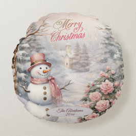Vintage Rosa ros, Snögubbe julbyn Rund Kudde