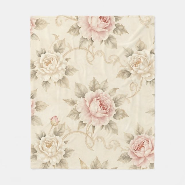Vintage Rosa Rosendamask Blommönster Fleecefilt (Framsidan)