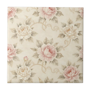 Vintage Rosa Rosendamask Blommönster Kakelplatta
