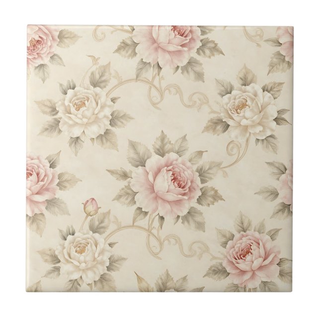 Vintage Rosa Rosendamask Blommönster Kakelplatta (Framsidan)