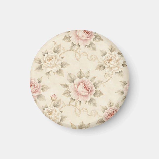 Vintage Rosa Rosendamask Blommönster Magnet (Framsidan)